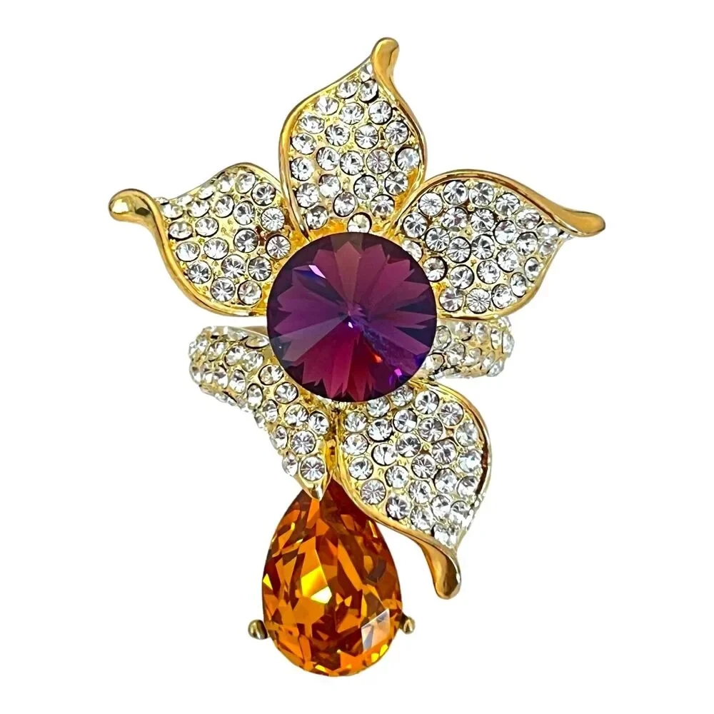 New Crystal Floral Statement Ring Rivoli Orange Drop Gold Tone Size 7.75 - 5T